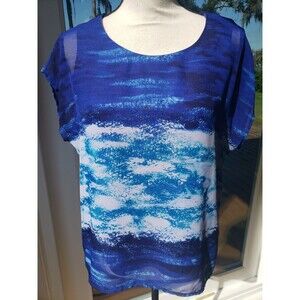 Coral Bay Women Sz Petite Small Blue Ocean Sleeveless Sheer Lined Blouse Top